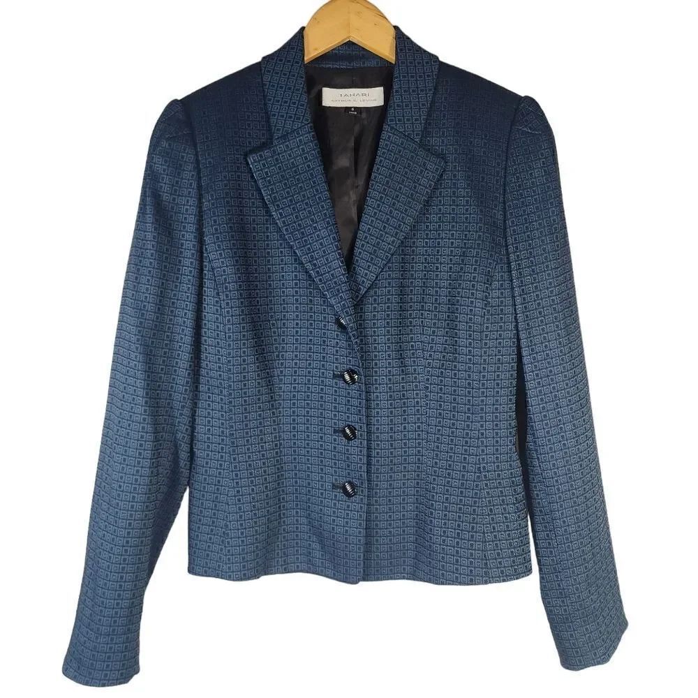 Tahari Arthur Levine Blue Chrcker Button Blazer Jacket